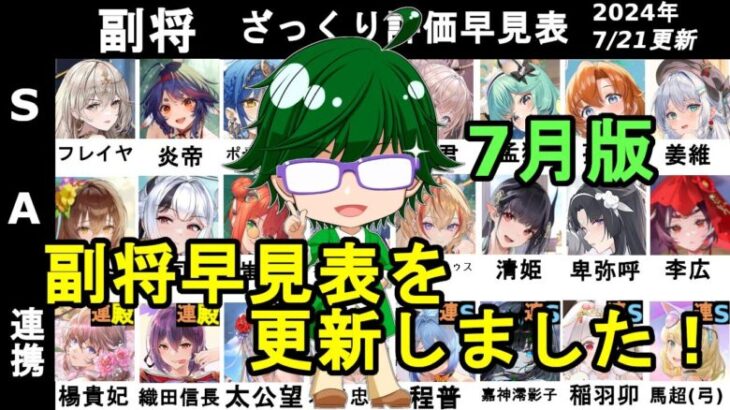 【放置少女副将特集】7月版副将評価早見表！【デフ】