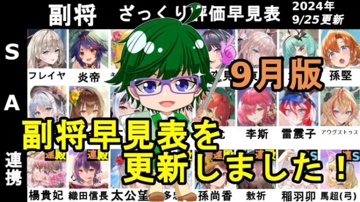 【放置少女副将特集】9月版副将評価早見表！【デフ】